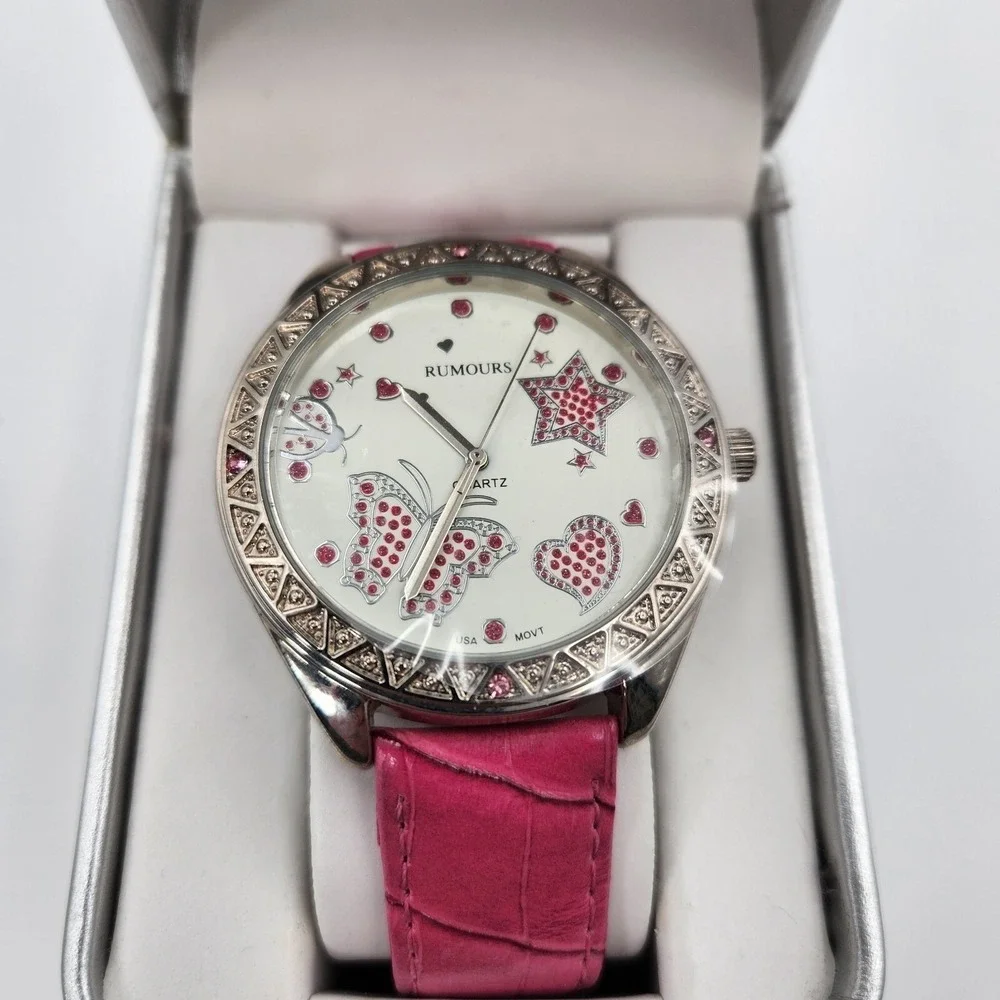 Rumours‎ Watch Women's Pink Band Rhinestones Butterfly Stars Hearts New As Is